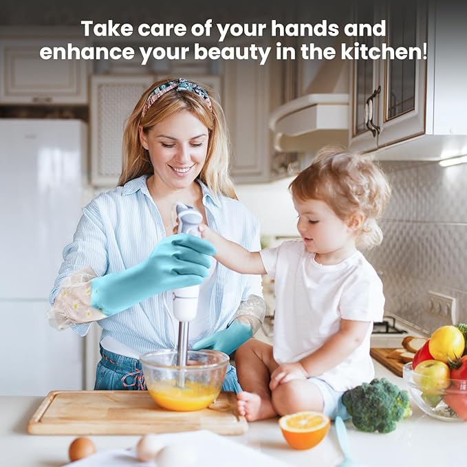 KAQ Dishwashing Cleaning Gloves 3 Pairs-Reusable Cotton Liner Rubber Gloves Long cuff 19.5" Non-Slip Kitchen Gardening Gloves