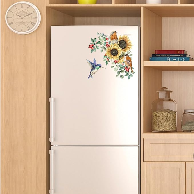 Sunflower Wall Stickers & Murals Bird Wall Decals Peel and Stick Yellow Flower Window Clings Watercolor Hummingbird Art Decor Wall Clings Kitchen Cabinet Decals for Bathroom Toilet Tank Girls Bedroom