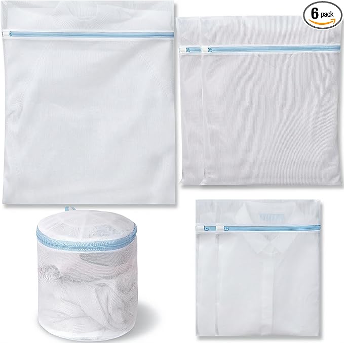 6 Pack Mesh Laundry Bags for Delicates with Auto-Lock Zipper, Durable Fine Washing Bag for Lingerie, Socks, Baby Clothes, Reusable Garment Bags for Travel, Storage & College Dorm (1L 2M 2S 1Bra Bag)
