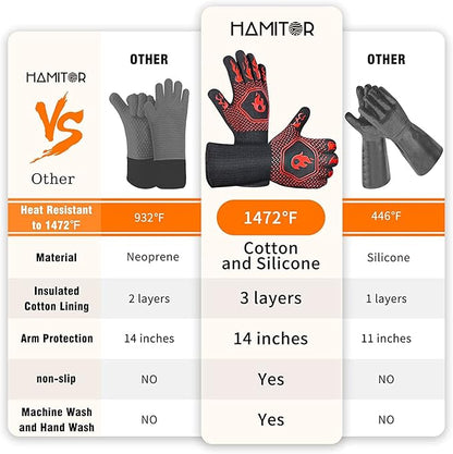 BBQ Grill Gloves : 1472 ℉ High Temp Resistance Fireproof Glove for Grilling Barbecue - Washable Long Silicone Oven Mitts Extreme Hot Proof Mittens for Kitchen Cooking Baking