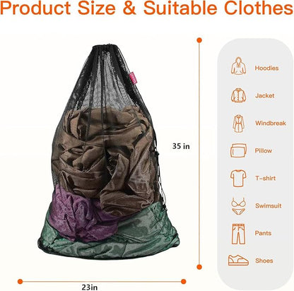2 Pack Mesh Laundry Bags, 23 x 35 Inches Heavy Duty Mesh Wash Bags with Drawstring Closure for College, Dorm, Travel, Family and Apartment Dwellers, Black