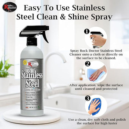 Rock Doctor Stainless Steel Cleaner and Protectant, Streak-Free Cleaning Solution for Chrome and Aluminum Appliances or Surfaces, Smudge Resistant Shine, 24 oz. Spray Bottle (6)