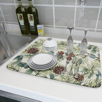 Winter Christmas Dish Drying Mat for Kitchen Counter 18x24 Evergreen Leaves Pinecone Holiday Theme Absorbent Reversible Microfiber Drying Mats Kitchen Countertop Protector Dishes Drainer Pad