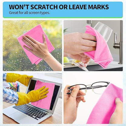HOMERHYME Microfiber Cleaning Cloth - 6 Pack Glasses Cleaning Cloth, 16" x 14" Window Cleaning Rags, Streak Free Lint Free Polishing Cloths Wipes for Eye Glass, Stainless Steel, Windshield, Pink