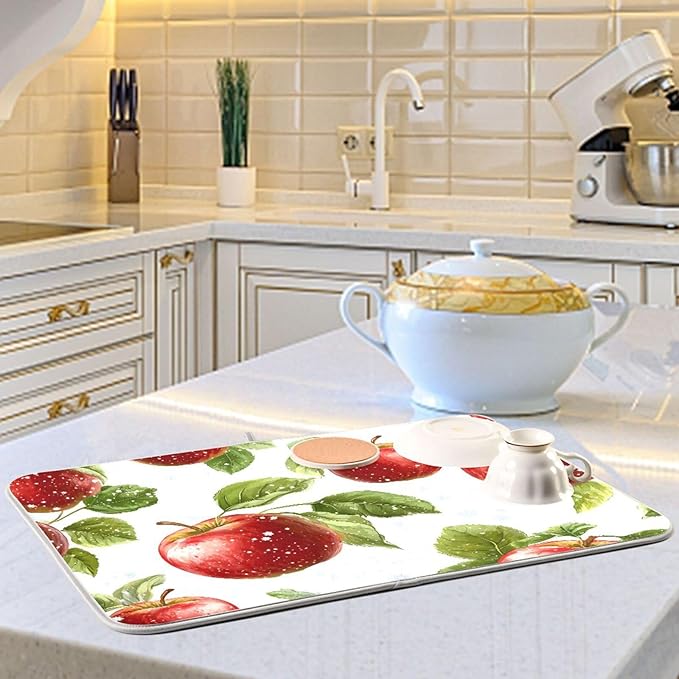Snowflake with Apple Pattern Dish Drying Mat for Kitchen Counter Super Absorbent Drying Mat 16x18 inch Large Dish Drying Matts for Countertop Protector Dishes Pad