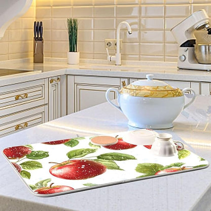 Snowflake with Apple Pattern Dish Drying Mat for Kitchen Counter Super Absorbent Drying Mat 16x18 inch Large Dish Drying Matts for Countertop Protector Dishes Pad
