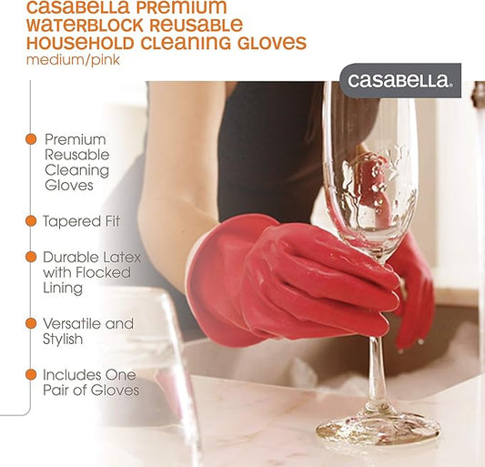 Casabella Premium Waterblock Reusable Household Cleaning Gloves, Medium, Pink (Pack of 2)