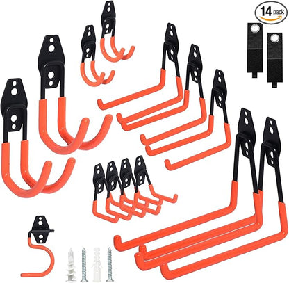 16 Pack Steel Heavy Duty Garage Hooks Storage Hooks with Anti-Slip Coating, Utility Garage Wall Mount Hanger and Organizer for Bikes, Ladder, Rope, Broom, Shovel and Garden Power Tools (16, Orange)