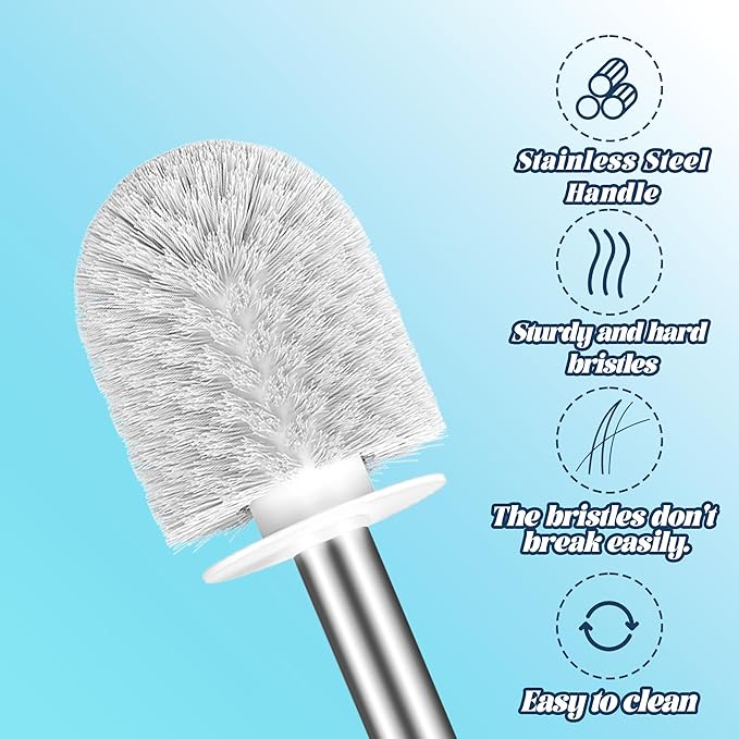 Toilet Brush and Holder Set, 3 Pack Toilet Cleaner Brush, Stainless Steel Toilet Brush with Long Handle for Deep Cleaning Bathroom Accessories White