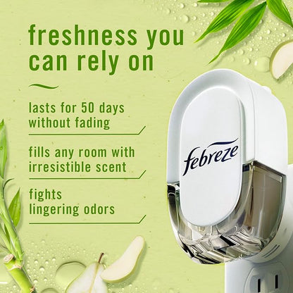 Febreze Plug-In Air Freshener, Odor-Fighting Scented Oil Starter Kit, Air Fresheners for Home and Bathroom and Kitchen, Long Lasting for Strong Odors, Bamboo Scent, Warmer + 4 Refill