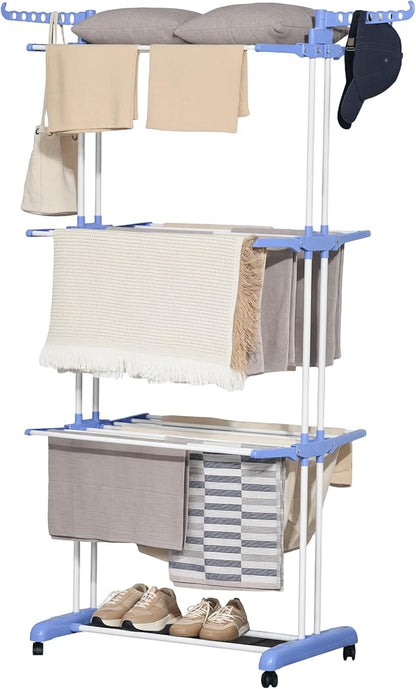 HOMCOM Folding Clothes Airer on Wheels Steel Frame Interior and Exterior Side Wings 3 Levels 73 x 64 x 177 cm Blue Silver