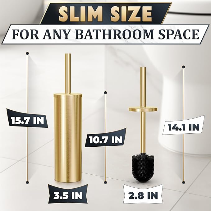 Gold Toilet Brush and Holder Set - Brushed Stainless Steel Gold Toilet Bowl Brush and Holder with Replaceable Head, Removable Inner Bowl, and Splash Protection - Dense Bristles for Thorough Cleaning