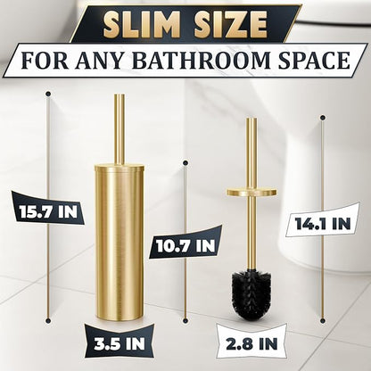 Gold Toilet Brush and Holder Set - Brushed Stainless Steel Gold Toilet Bowl Brush and Holder with Replaceable Head, Removable Inner Bowl, and Splash Protection - Dense Bristles for Thorough Cleaning