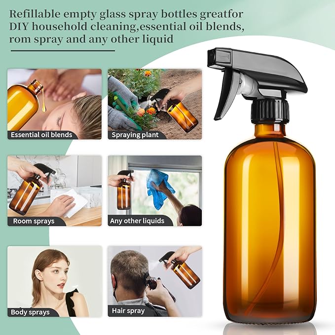 GIVAMEIHF 16oz Amber Glass Spray Bottles,4 Pack Glass Spray Bottles Refillable Empty Bottle with Adjustable Nozzle,Spray Bottle for Cleaning,Essential Oils,Cleaning,Pets,Plant, Hair Mister