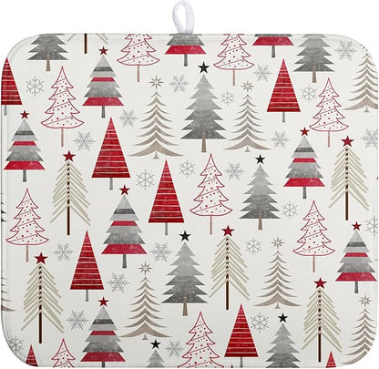 Christmas Dish Drying Mats for Kitchen Counter Xmas Tree Drying Mat Winter Holiday Dishes Drying Pad Microfiber Absorbent Dish Draining Mat Washable Dish Drainer Rack Mat 16x18 Inch