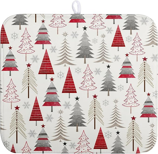 Christmas Dish Drying Mats for Kitchen Counter Xmas Tree Drying Mat Winter Holiday Dishes Drying Pad Microfiber Absorbent Dish Draining Mat Washable Dish Drainer Rack Mat 16x18 Inch