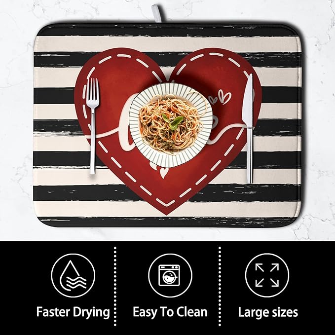 Valentine's Day Dish Drying Mat for Kitchen Counter 18x24 Black White Stripes Red Love Heart Dishes Drainer Mats Absorbent Dish Pad Large Dish Draining Mat for Coffee Bar