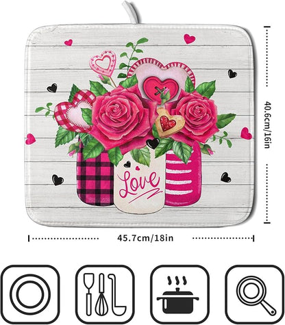 Valentine's Day Rose Flower Dish Drying Mat for Kitchen Counter,Mason Jar Pink Love Heart Drying Mat 16 x 18 Inch with High Absorbent Microfiber Drainer Mat for Coffee Bar