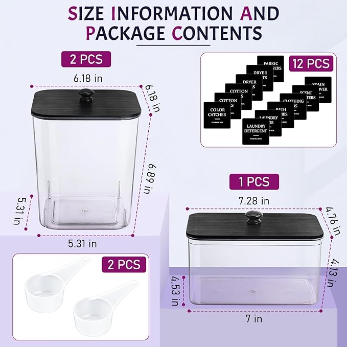 Laundry Pods Container, 3Pcs Acrylic Clear Laundry Room Organization Containers with Dryer Sheet Holder,Large Laundry Detergent Powder Storage Containers Black Wooden Lids & Labels