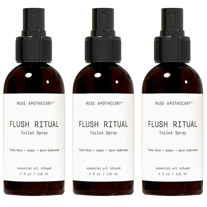 Muse Apothecary Flush Ritual - Aromatic & Refreshing Toilet Spray, Use Before You Go, 4 oz, Infused with Natural Essential Oils - Tonka Bean + Amber + Warm Cedarwood, 3 Pack