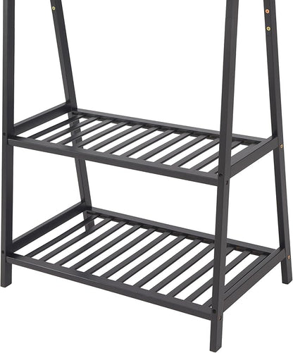 Finnhomy Bamboo Clothes Rack Portable Extra Large Garment Rack 2-Tire Storage Box Shelves For Entryway and Bed Room Patented Design (Black)