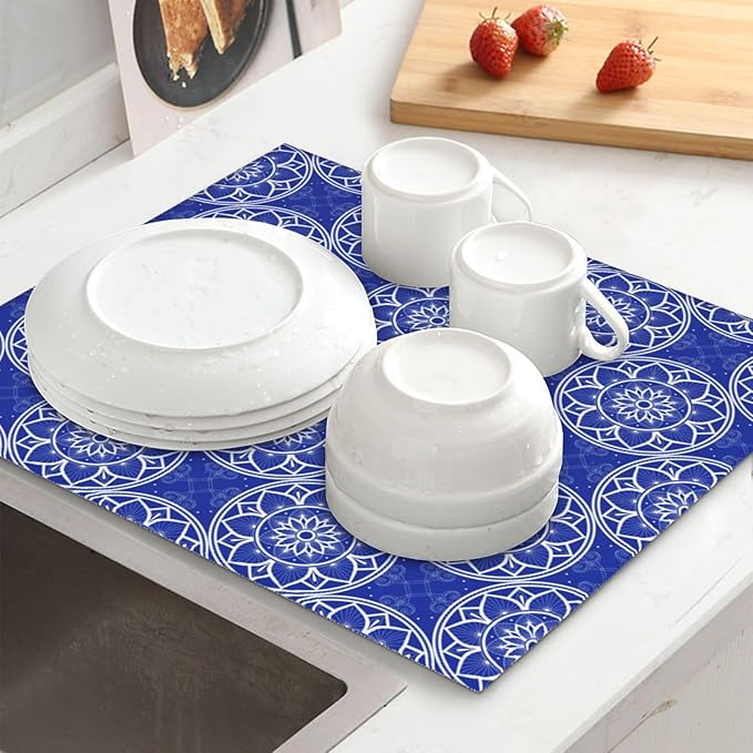 Chinoiserie Blue and White Floral Dish Drying Mats for Kitchen Counter, Absorbent Reversible Washable Microfiber Drying Pad, 16" x 18" Foldable Chinoiserie Kitchen Mat for Dishes & Sink, Home Decor