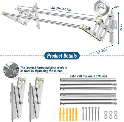 Foldable Wall Mounted Clothes Rack-Double 44'' Long Rod&2 Bases,Stainless Steel, Heavy Duty,Multi-Purpose for Space-Saving Garment Rack/Clothes Drying Rack/Plant Hanger (44 inches length X 2 rows)