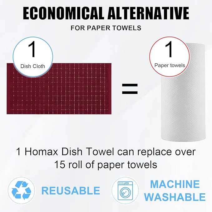Homaxy 100% Cotton Terry Kitchen Towels(Brick Red, 13 x 28 inches), Checkered Designed, Soft and Super Absorbent Dish Towels, 8 Pack