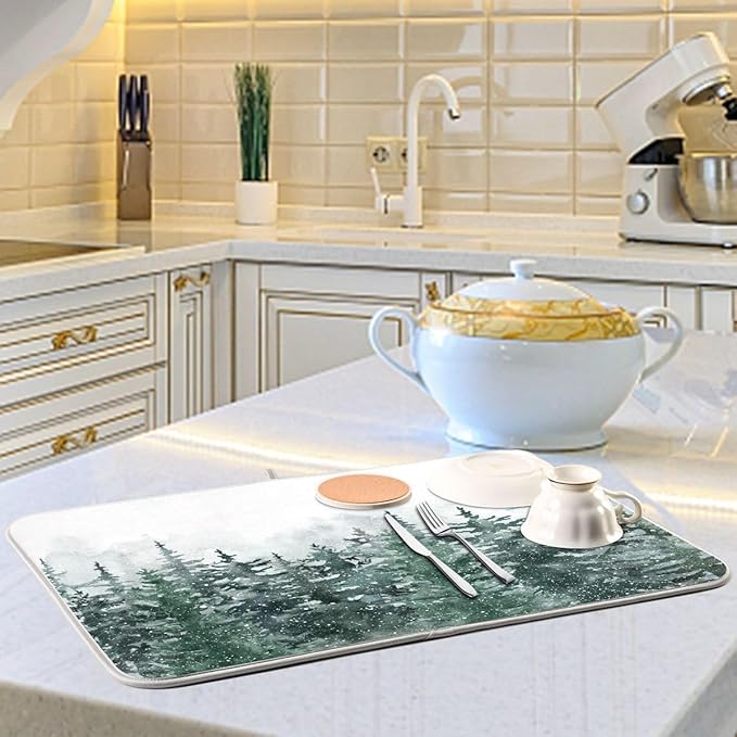 Winter Forest Scenery Dish Drying Mat for Kitchen Christmas Tree Snow Xmas Microfiber Drying Mats Absorbent Reversible Dish Pad Medium Dish Draining Mat 16x18 inch