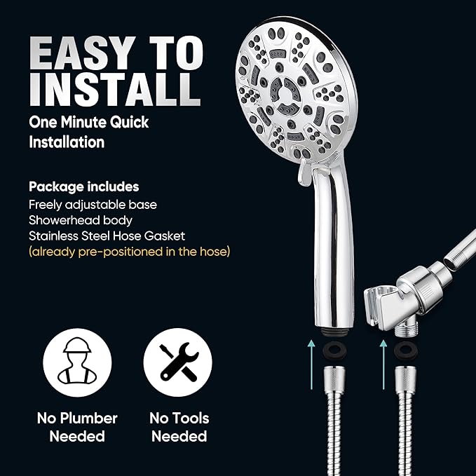 Cobbe 8-Setting Handheld Shower Head with High Pressure Shower Heads - Bathroom Showerhead Set - Detachable Showerhead with 5ft Stainless Steel Hose and Brass Swivel Bracket (Chrome)