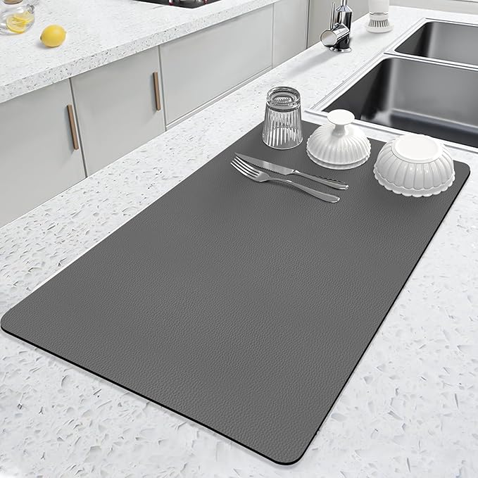 LOPNUR Kitchen Dish Drying Mat, 24"x16" Large Dish Drying Mats for Kitchen Counter, Diatomite Coffee Mat, Super Absorbent Dish Drying Pad, Heat Resistant Mat with Anti-slip Rubber Backed, Grey