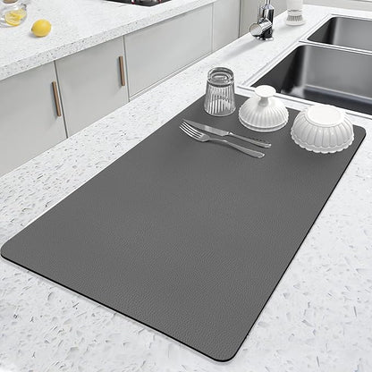 LOPNUR Kitchen Dish Drying Mat, 24"x16" Large Dish Drying Mats for Kitchen Counter, Diatomite Coffee Mat, Super Absorbent Dish Drying Pad, Heat Resistant Mat with Anti-slip Rubber Backed, Grey