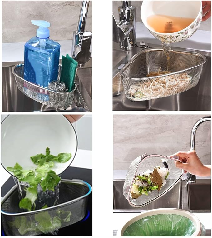 Kitchen Triangle Sink Strainer, Corner Sink Strainer, Multifunction Sink Drain Strainer Basket, Stainless Steel Food Catcher Strainer for Kitchen Waste, Vegetable, Fruits (Silver) (CF-001)