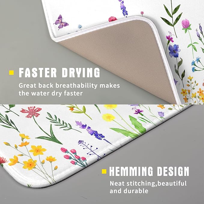 Watercolor Floral Dish Drying Mat for Kitchen Counter 16x18 Inch Spring Summer Wild Flower Butterfly Absorbent Reversible Microfiber Dish Drainer Rack Mats Countertops Protector Mat