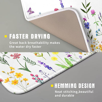 Watercolor Floral Dish Drying Mat for Kitchen Counter 16x18 Inch Spring Summer Wild Flower Butterfly Absorbent Reversible Microfiber Dish Drainer Rack Mats Countertops Protector Mat