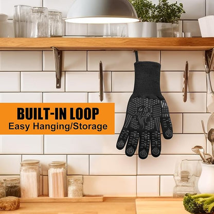 BBQ Gloves, Oven Gloves, 1472°F Extreme Heat Resistant Barbecue Gloves, Silicone Non-Slip Oven Mitts, Kitchen for Cooking, Grilling, and Baking (Black)