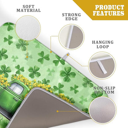 Green Holiday Dish Drying Mat Lucky Clover Truck Drying Mat for Kitchen Counter 18 X 24