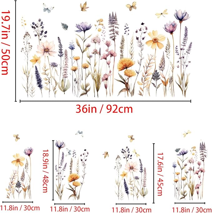 Wildflower Wall Decals Wall Decor Boho Flower Stickers, Dandelion Grass Wall Art Murals, 3D Flower Pattern Self-Adhesive Wall Stickers for Girls Bedroom Living Room Nursery Decor