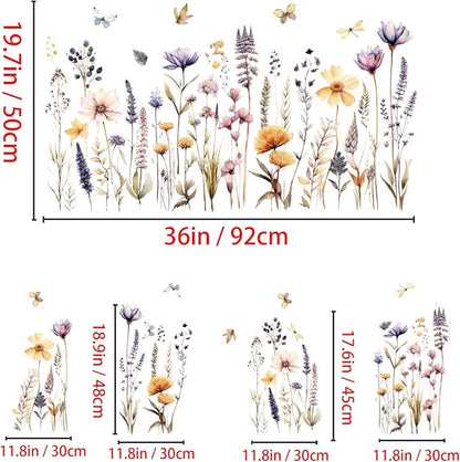 Wildflower Wall Decals Wall Decor Boho Flower Stickers, Dandelion Grass Wall Art Murals, 3D Flower Pattern Self-Adhesive Wall Stickers for Girls Bedroom Living Room Nursery Decor