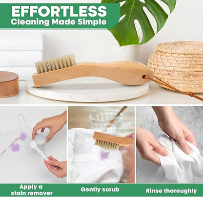 Laundry Stain Remover Clothes Brush Set of 2 Natural Soft Boar Bristle White & Black for Scrubbing Out Tough Stains on Delicate Fabrics, Knits, Cotton, Linens, Small Brush