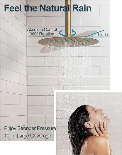 10" Dual Rainfall Shower Head Faucet Set with Handheld Sprayer, Round Rainfall Shower System, Brushed Gold