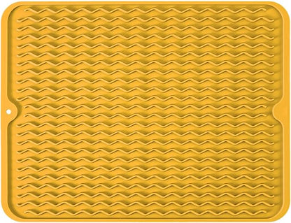 Silicone Dish Drying Mat for Multiple Usage, Easy clean, Eco-friendly, Heat-resistant Dish Drainer Mat for Kitchen Counter,Sink,Refrigerator or Drawer liner (18" x 16", Yellow)