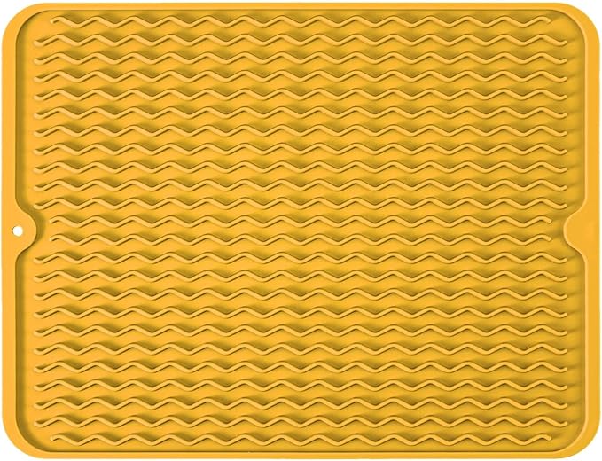 Large 24" x 18" Silicone Dish Drying Mat for Kitchen Counter, Easy clean, Quick Dry, Heat-resistant Dish Drainer Mat for Sink,Refrigerator or Drawer liner (Food Grade Silicone-Yellow)