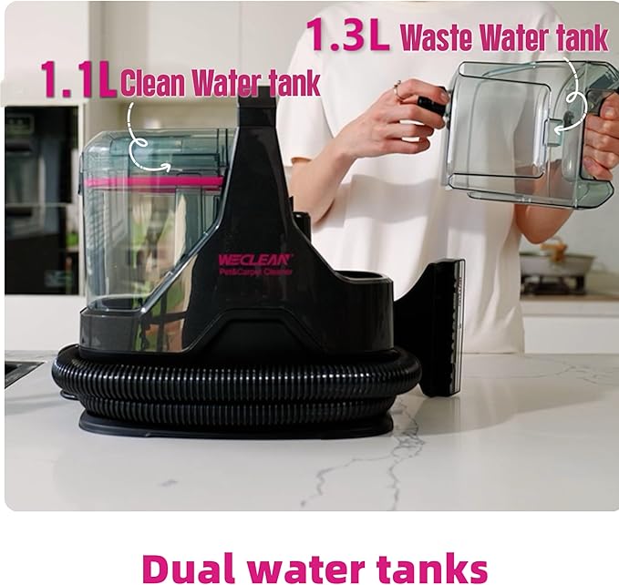 WECLEAN C3 Handheld Carpet and Upholstery Cleaner, Portable Spot Cleaner with 18Kpa Suction and 600W Motor, Dual-Tank Carpet Cleaner Machine for Car, Stairs, Sofa, Furniture Black and Pink