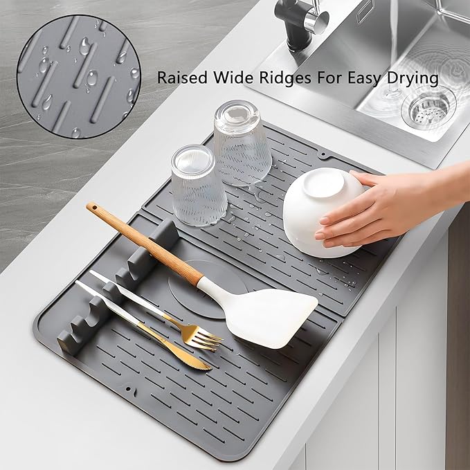 Silicone Dish Drying Mat for Kitchen Counter, Collapsible Dish Drainer Mat, Dish Drying Rack, Non-Slip, Easy to Clean (18.7x13.2 Inch)