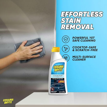 Cerama Bryte Glass Cooktop and Stove Top Cleaner Combo Kit - Includes Cleaning Tool, Razor, Scraper and 1 Pad to Remove Tough Stains - Use on Gas, Electric, Ceramic Surfaces, 18 Ounces, 4 Piece