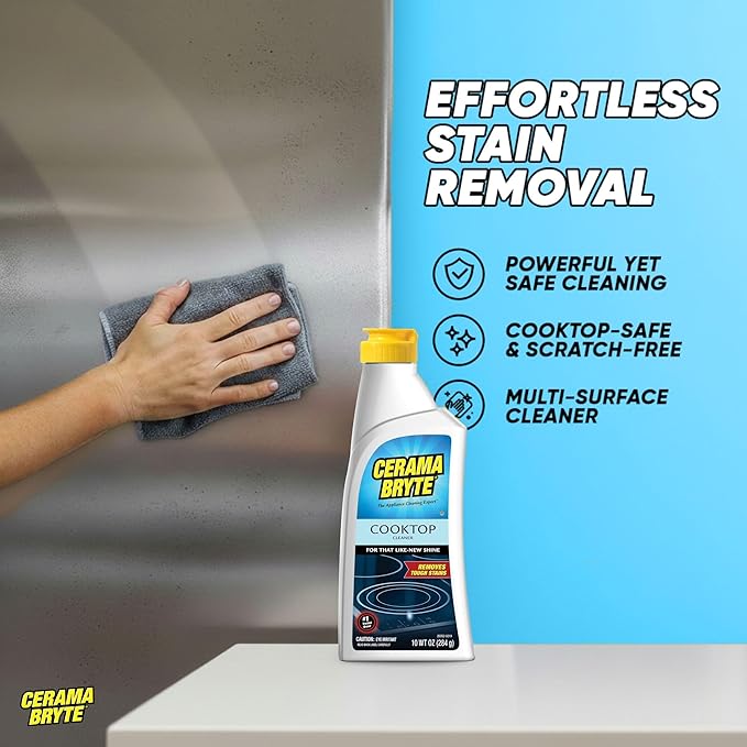 Cerama Bryte Glass Cooktop and Stove Top Cleaner Combo Kit - Includes Cleaning Tool, Razor, Scraper and 1 Pad to Remove Tough Stains - Use on Gas, Electric, Ceramic Surfaces, 10 Ounces, 4 Piece
