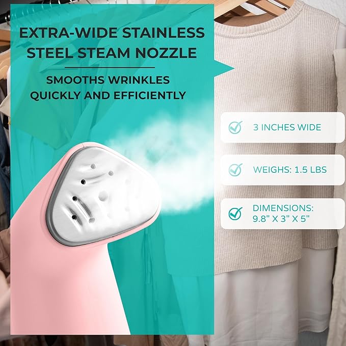 True & Tidy Compact Handheld Garment Steamer for Clothes, Travel Steamer with Stainless Steel Nozzle, 800 watts, Pink
