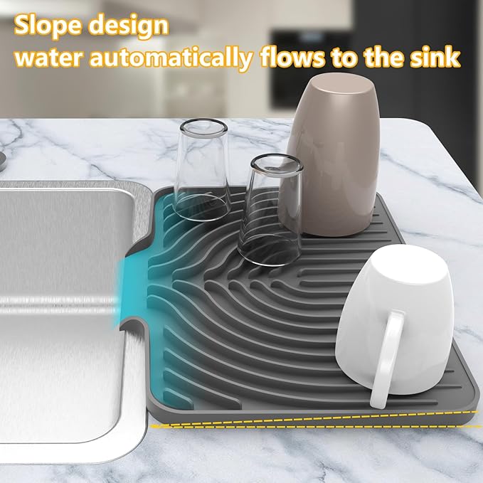 Silicone Drying Mat for Kitchen Counter , Dish Drying Rack Matt with Built in Drain, Small Dry Mats for Dishes Drying Pad for Kitchen Counter (14.6×11inch, gray)