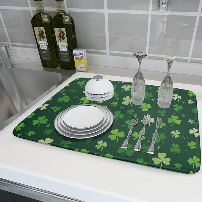 St Patrick's Day Dish Drying Mat 18 x 24 Inch With Absorbent Reversible Microfiber Green Lucky Shamrock Clover Drying Spring Dish Drainer Mat Fast Dry For Kitchen Dining Room Decor